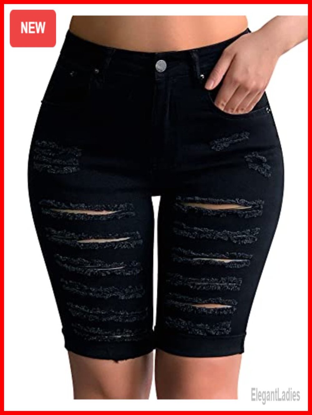 Women's Distressed Mid-Rise Stretchy Denim Shorts with Frayed Hem